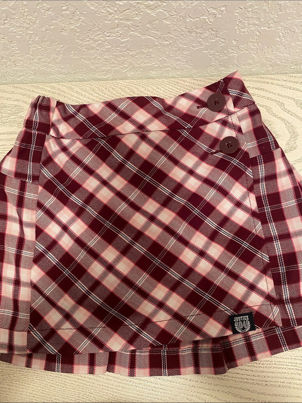 Justice Pink and Burgundy Plaid Wrap Mini Skirt